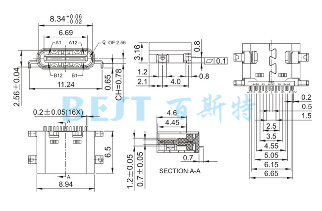 USB插座USB-C-08 16PIN沉板参考图纸